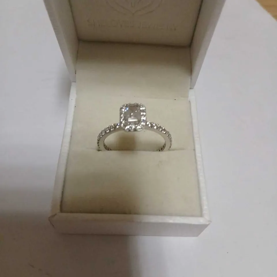 DIAMONIQUE 1.96CT EMERALD CUT HALO RING STERLING SILVER 