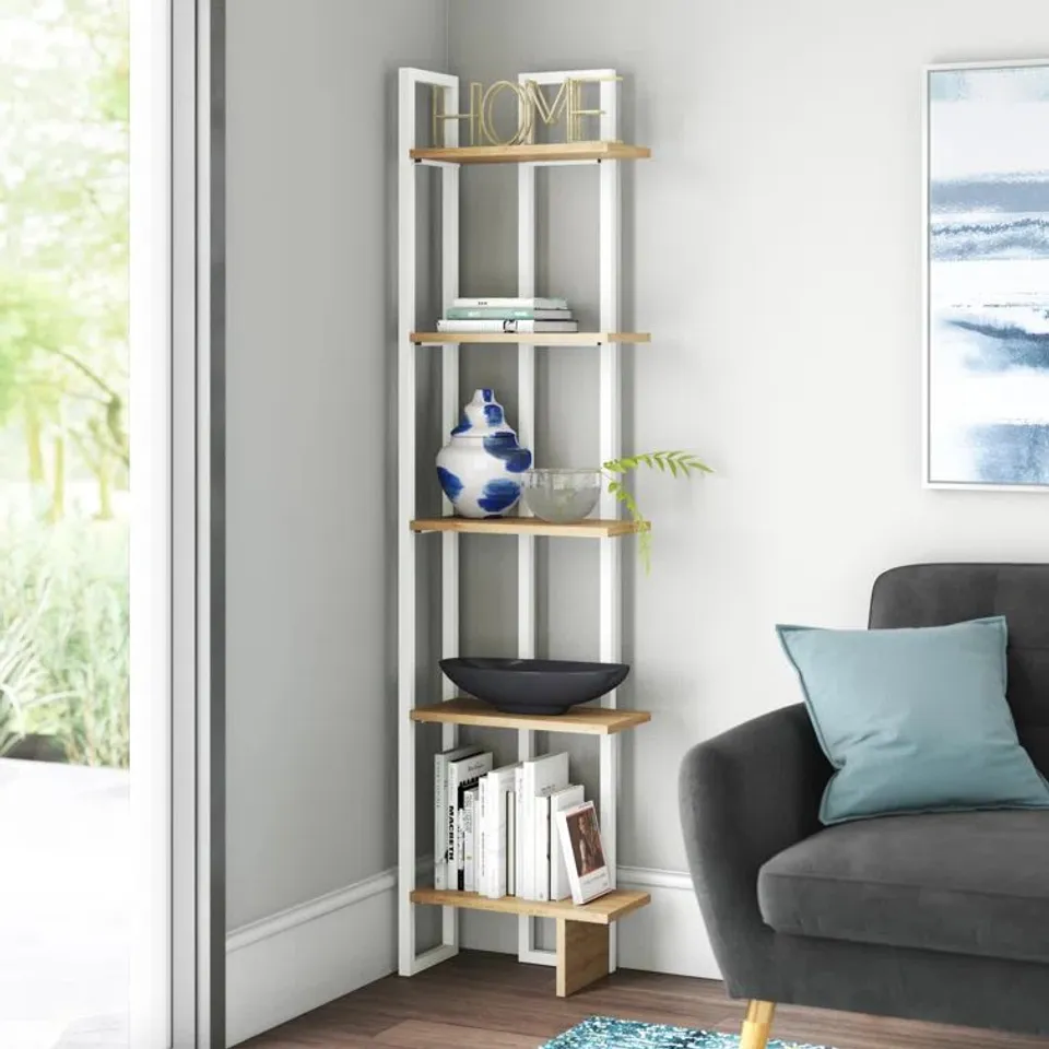 BOXED PHANEUF 71"×18" IRON CORNER BOOKCASE 