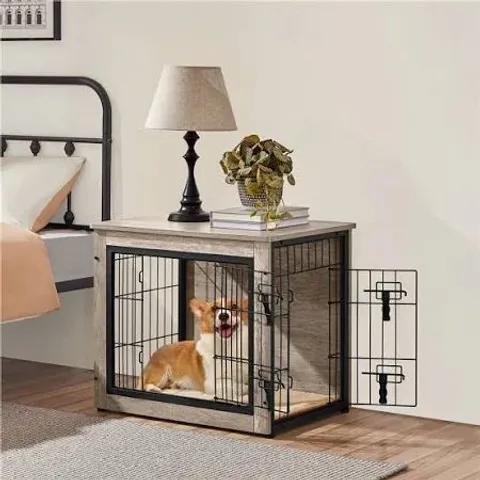 BOXED DOG CRATE FURNITURE WITH 2 DOORS - GREY (1 BOX)