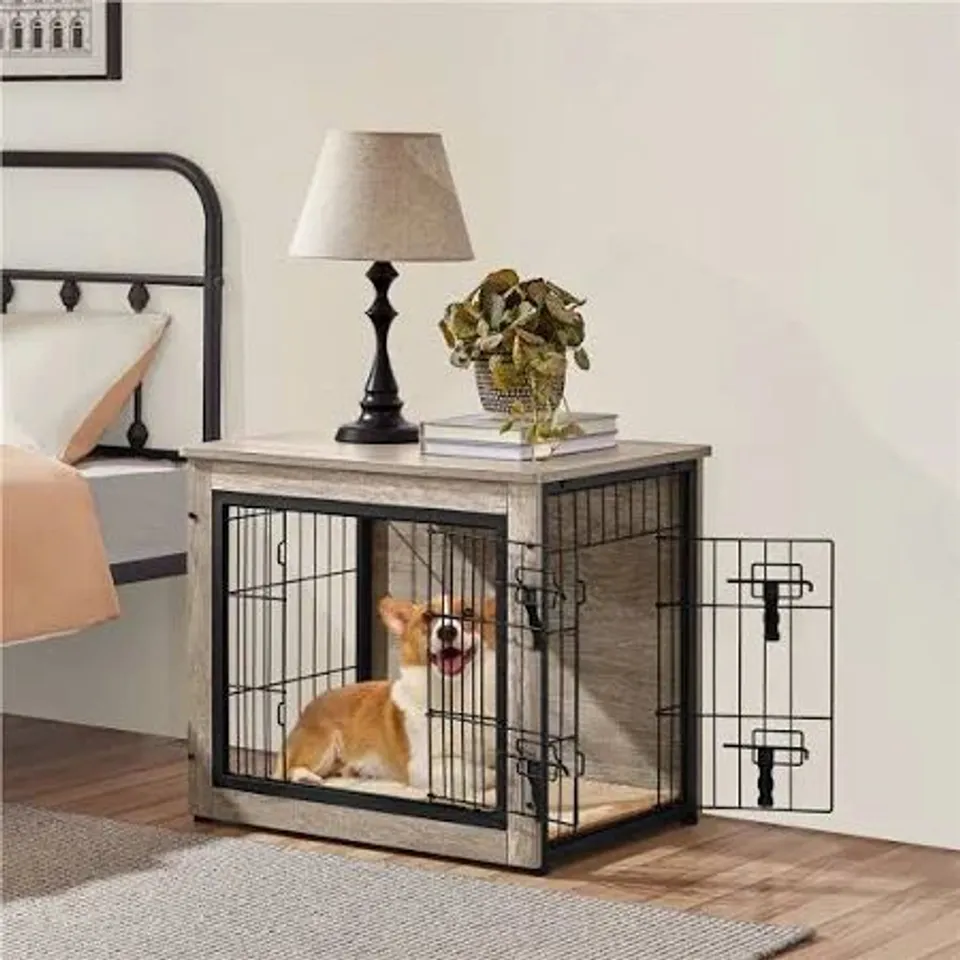 BOXED DOG CRATE FURNITURE WITH 2 DOORS - GREY (1 BOX)
