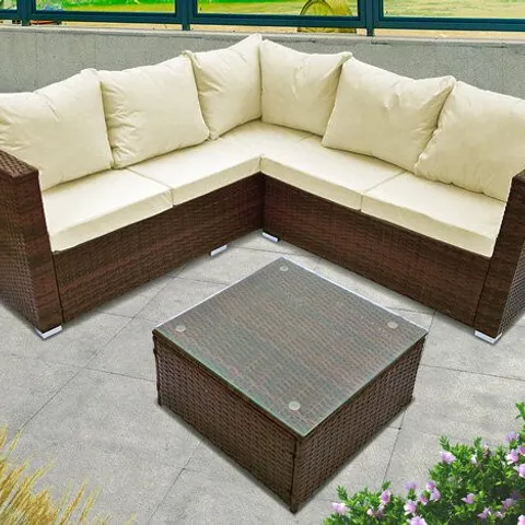 BOXED 5-SEATER TEMPLE RATTAN CORNER SOFA SET - BROWN (1 BOX)