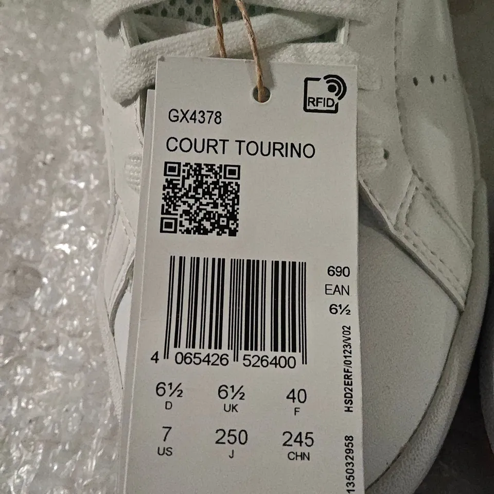 ADIDAS COURT TOURINO TRAINERS – WHITE, UK 6.5 – WITH TAGS