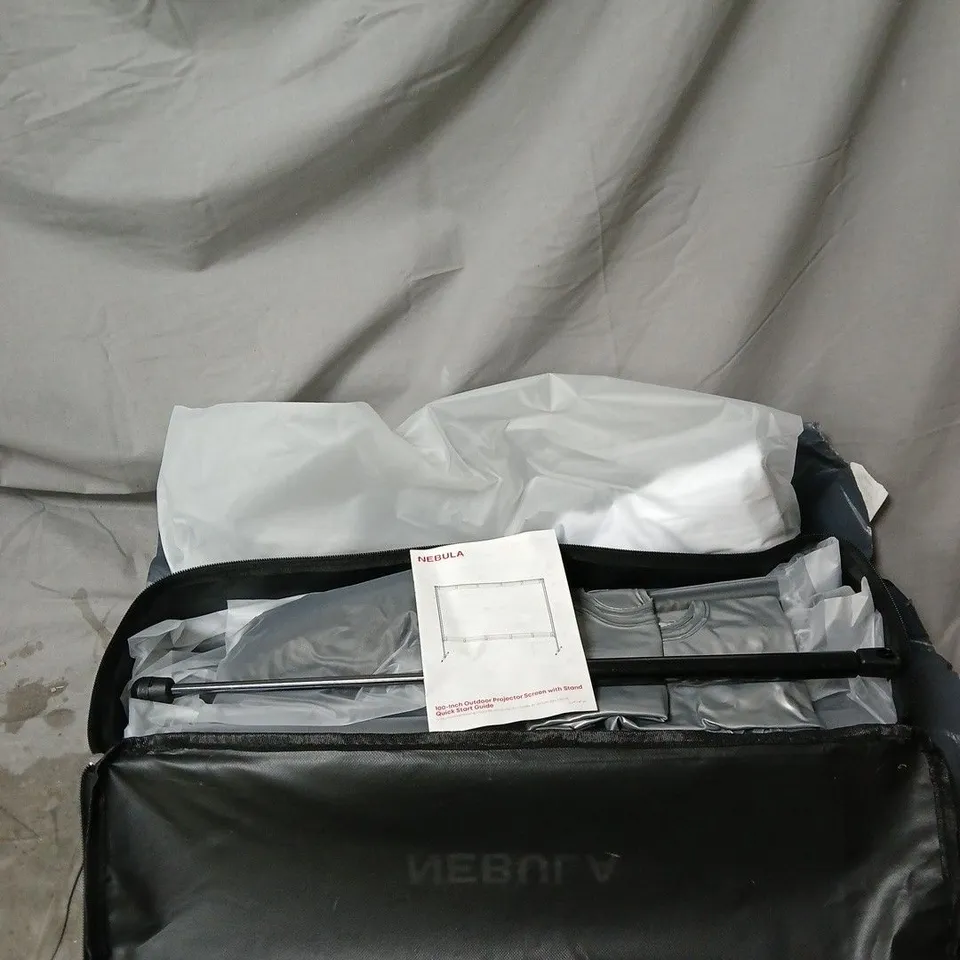 NEBULA 100 INCH OUTDOOR PROJECTOR SCREEN WITH GUIDE, IN BLACK CARRY CASE