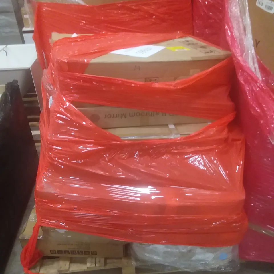 PALLET OF ASSORTED HOUSEHOLD PRODUCTS AND ITEMS, INCLUDING; LED BATHROOM MIRROR, TRAMPOLINE SAFETY NET, BOXED FURNITURE ETC