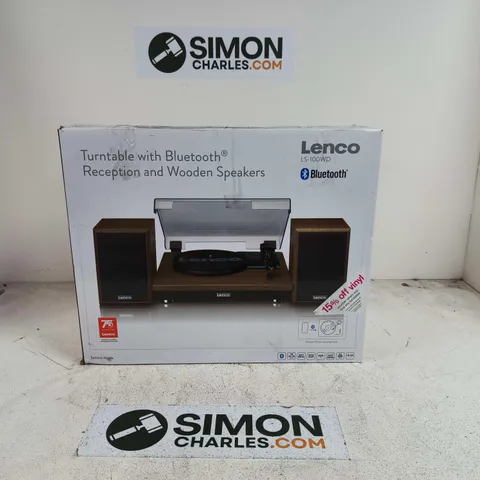 BOXED LENCO LS-100WD TURNTABLE WITH BLUETOOTH RECEPTION AND WOODEN SPEAKERS