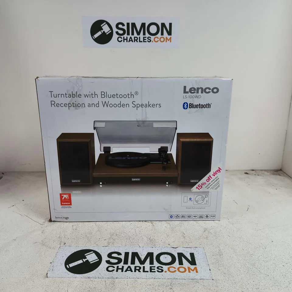 BOXED LENCO LS-100WD TURNTABLE WITH BLUETOOTH RECEPTION AND WOODEN SPEAKERS