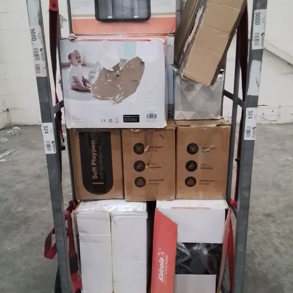 CAGE OF ASSORTED HOUSEHOLD GOODS AND PRODUCTS TO INCLUDE;;PLAYPENS,CHILDREN'S CAR SEATS,AIR FRYERS,FITNESS STEPPER 