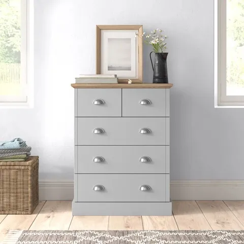 BOXED BRIELLE 5 DRAWER 70CM W CHEST OF DRAWERS - GREY (2 BOXES)