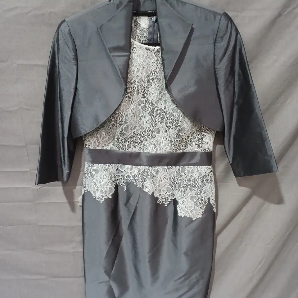 VENI INFANTINO 2 PIECE BOLERO JACKER & FLORAL MESH DRESS IN GREY/WHITE - UK 10