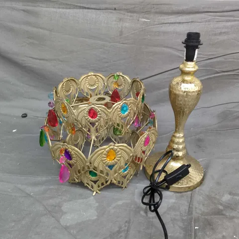 PAIR OF DECORATIVE ITEMS: GOLD-TONE CROWN CENTERPIECE WITH MULTICOLOURED GEMS & GILT TABLE LAMP BASE (SHADE NOT INCLUDED)