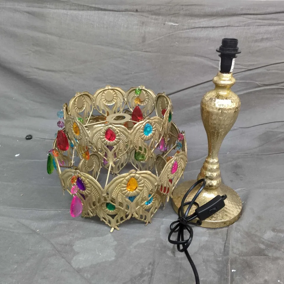 PAIR OF DECORATIVE ITEMS: GOLD-TONE CROWN CENTERPIECE WITH MULTICOLOURED GEMS & GILT TABLE LAMP BASE (SHADE NOT INCLUDED)