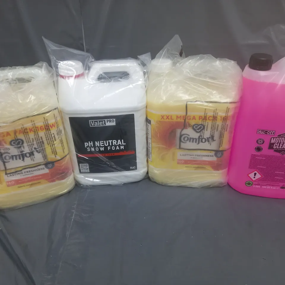 TOTE OF 4 ASSORTED HOUSEHOLD GOODS TO INCLUDE PH NUETRAL SNOW FOAM, MOTORCYCLE CLEANER, AND COMFORT FABRIC CONDITIONER 