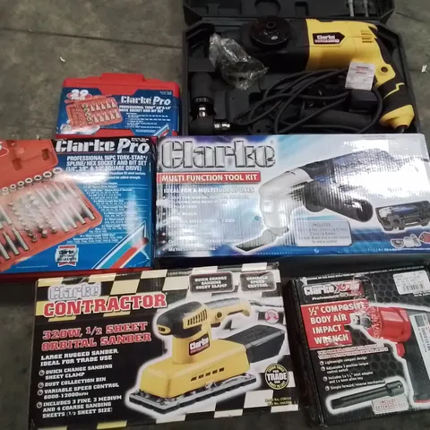 MIXED BOX OF TOOLS AND MACHINERY EQUIPMENT TO INCLUDE: CONTRACTORS HAMMER DRILL, IMPACT WRENCH, MULTI TOOL, 56PC TORX/STAR SET AND 320W Β½ SHEET ORBITAL SANDER