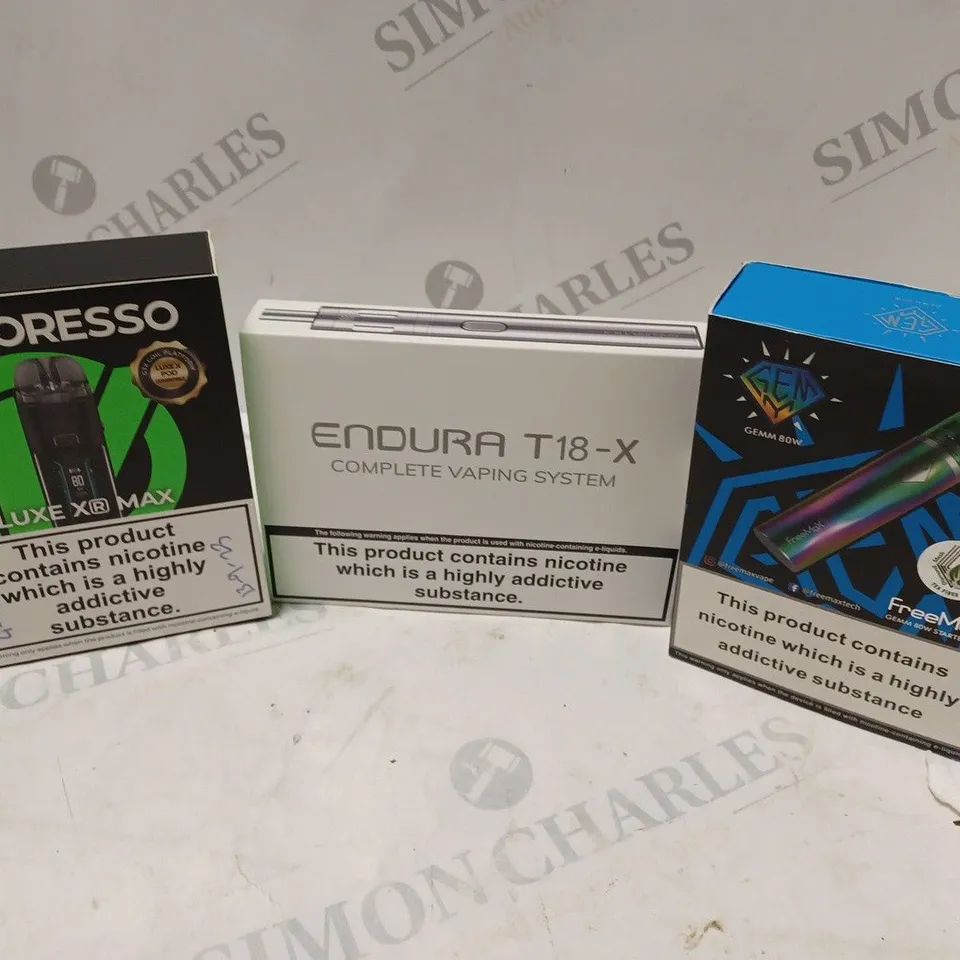 APPROXIMATELY 20 VAPES & E-CIGARETTES TO INCLUDE VAPORESSO LUXE KR MAX, ENDURA T18-X, GEMM N80W STARTER KIT, ETC