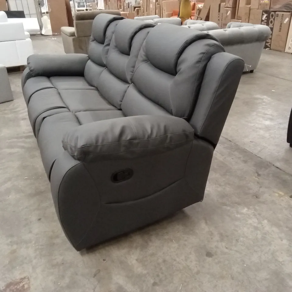 DESIGNER 3 SEATER MANUAL RECLINER SOFA IN PREMIUM LIGHT GREY FAUX LEATHER