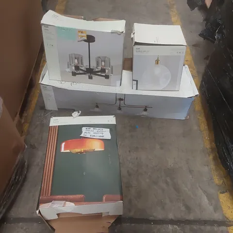 PALLET CONTAINING A VERY LARGE QUANTITY OF ASSORTED DESIGNER LIGHTING PRODUCTS INCLUDING: ERIN CEILING LIGHT, FLOYD PENDANT, COLT BAR CEILING LIGHT ECT