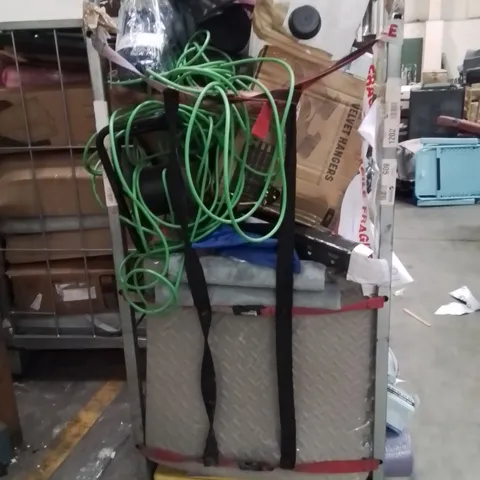 CAGE OF ASSORTED HOUSEHOLD GOODS AND PRODUCTS TO INCLUDE;25 METER CABLE REEL,YOGA MATS,COAT HANGERS 