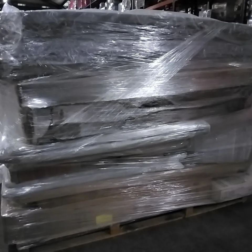 PALLET OF ASSORTED FLAT PACK FURNITURE AND PARTS TO INCLUDE: UNBAGGED SINGLE MATTRESSES, TRAMPOLINE PARTS, HEADBOARDS, ARMCHAIR BACK ETC 