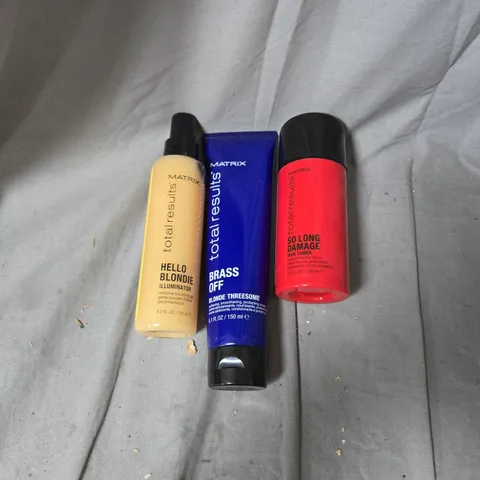 BOX OF APPROXIMATELY 12 ASSORTED MATRIX HAIR CARE PRODUCTS INCLUDING TOTAL RESULTS BRASS OFF BLONDE THREESOME/SO LONG DAMAGE/HELLO BLONDIE ILLUMINATOR