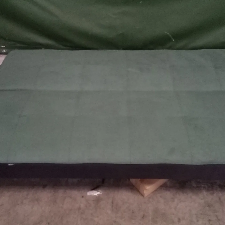 DESIGNER GREEN AND BLACK FABRIC CLICK CLACK SOFA BED WITH SQUARE PANEL DETAIL