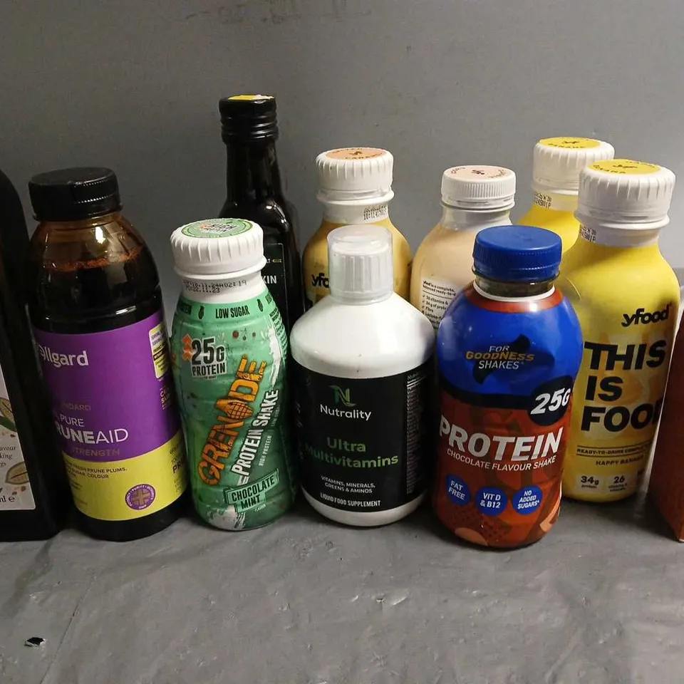 LOT OF 11 ASSORTED FOOD AND DRINK ITEMS TO INCLUDE SESAME OIL AND MULTIVITAMINS