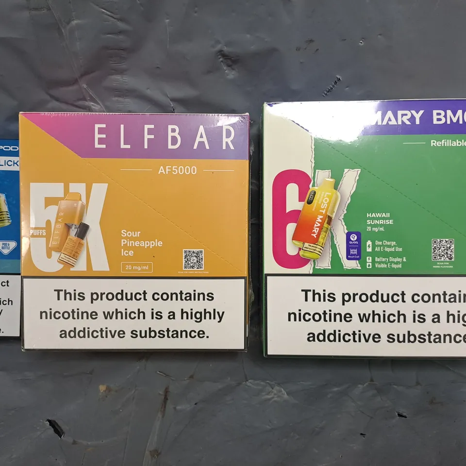 APPROXIMATELY 12 ASSORTED E-CIGARETTE AND VAPE ITEMS TO INCLUDE LOST MARY, ELFBAR, PYNE POD, ETC