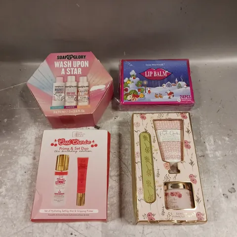 LOT OF 4 ASSORTED COSMETIC BOXSETS TO INCLUDE - SOAP & GLORY WASH UPON A STAR - BAYLIS & HARDING LUXURY MANICURE SET - THE BEAUTY CROP OUI CHERIE PRIME & SET DUO - ETC