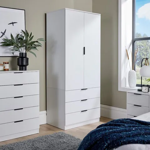 PHOENIX WARDROBE 2 DOOR 3 DRAWERS BEDROOM HOME FURNITURE CLOTHING STORAGE SHELF | WHITE (2BOXES)