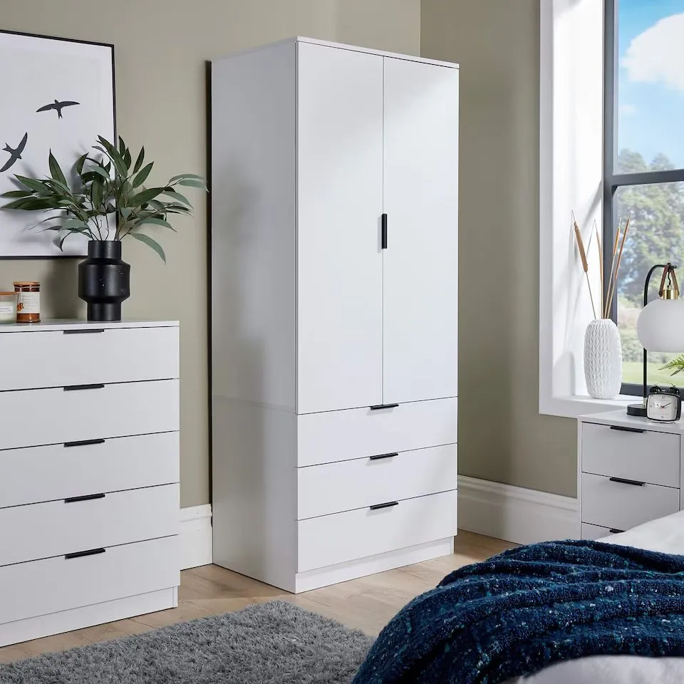 PHOENIX WARDROBE 2 DOOR 3 DRAWERS BEDROOM HOME FURNITURE CLOTHING STORAGE SHELF | WHITE (2BOXES)