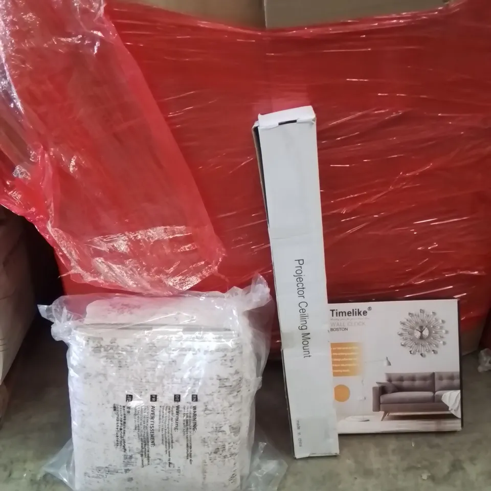 PALLET OF ASSORTED HOUSEHOLD GOODS AND PRODUCTS TO INCLUDE;PROJECTOR CEILING MOUNT,CLOCK,AREA RUG
