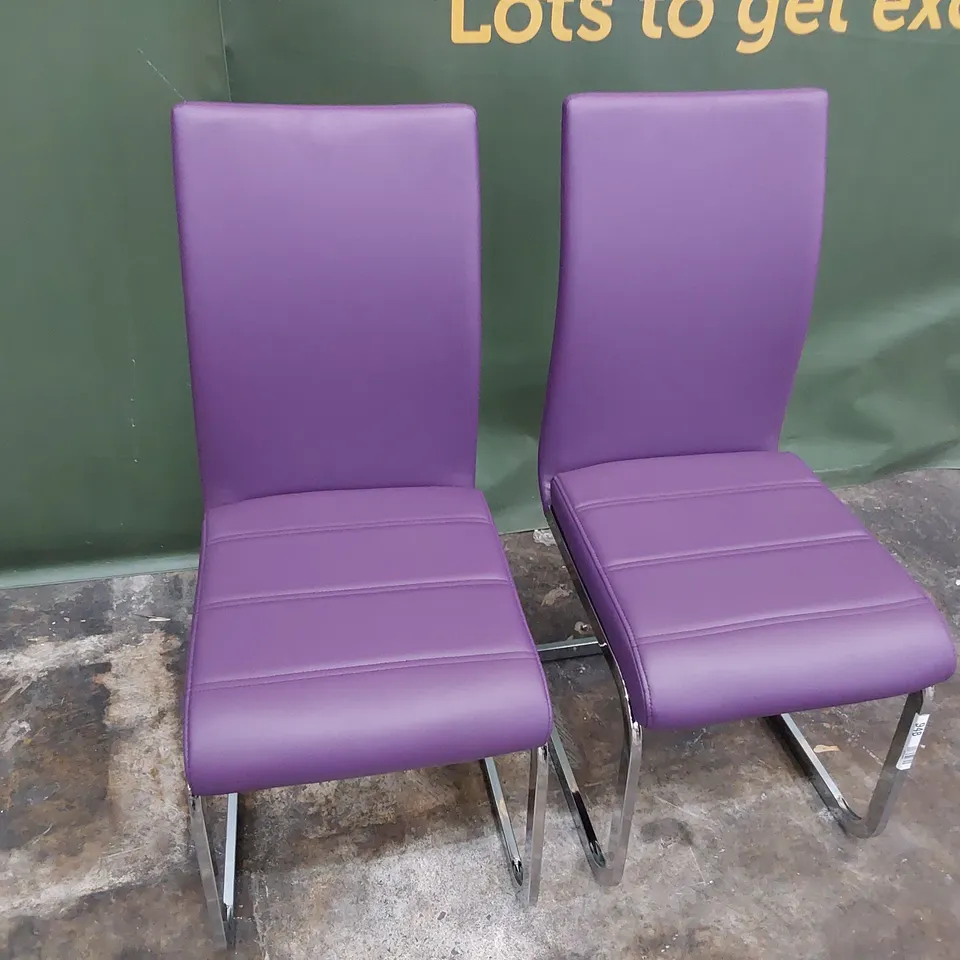PAIR UPHOLSTERED DINING CHAIRS PURPLE PU ON CHROME FRAMES 