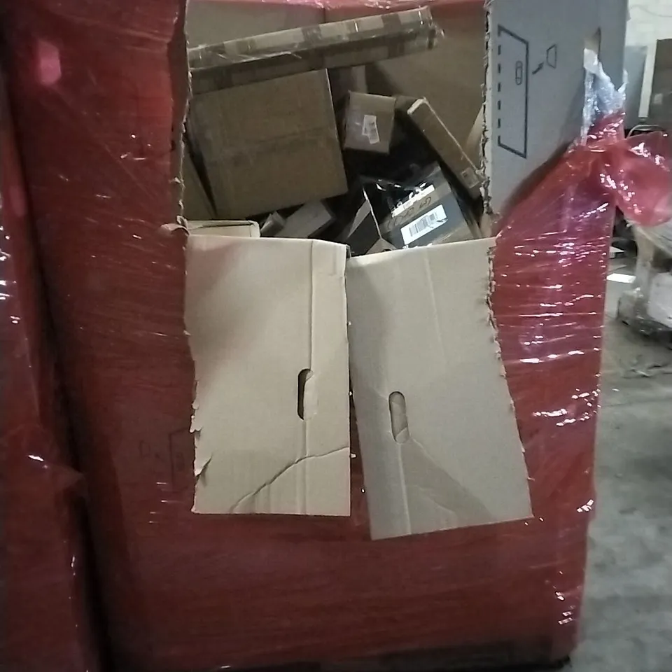 PALLET OF HOUSEHOLD ITEMS TO INCLUDE RECORD PLAYER, POWER STRIP,ALUMINIUM ALLOY TOOL, PET DOOR AND OTHER ASSORTED ITEMS...