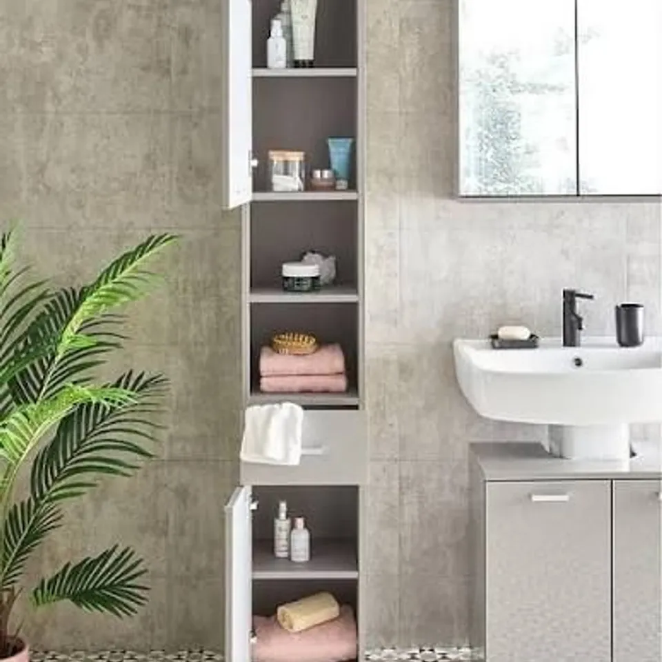 BOXED ROWAN GLOSS 2 DOOR, 1 DRAWER TALL BATHROOM CABINET - GREY (1 BOX)