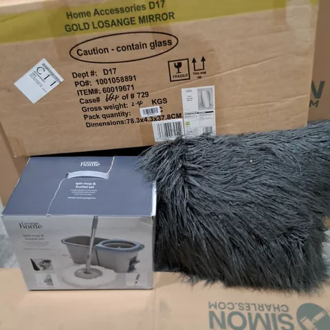 PALLET OF APPROXIAMTELY 10 ASSORTED ITEMS TO INCLUDE - SPIN MOP & BUCKET , GREY CUSHION, GOLD LOSANGE MIRROR- COLLECTION ONLY