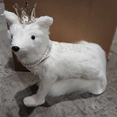 TWO GISELA GRAHAM LONDON WHITE DOG FIGURE WITH CROWN AND PEARL NECKLACE