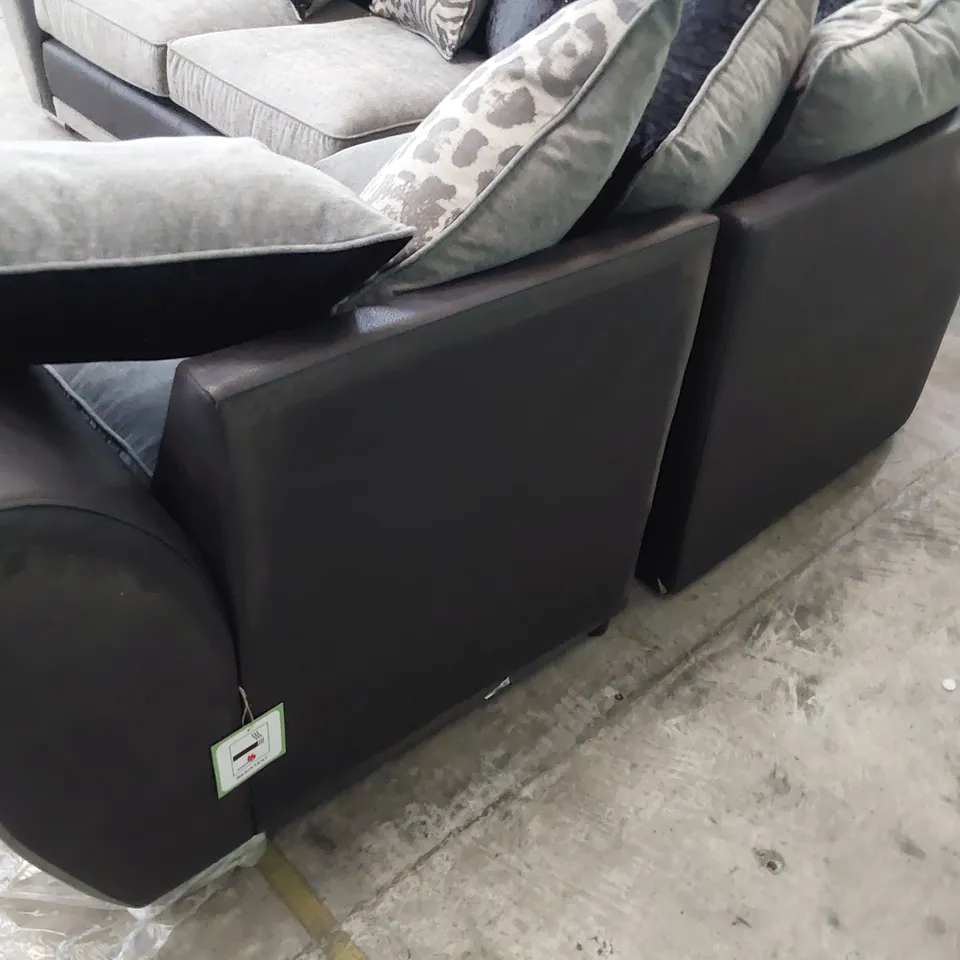 DESIGNER CORNER GROUP WITH SCATTER CUSHIONS BLACK FAUX LEATHER & GREY FABRIC