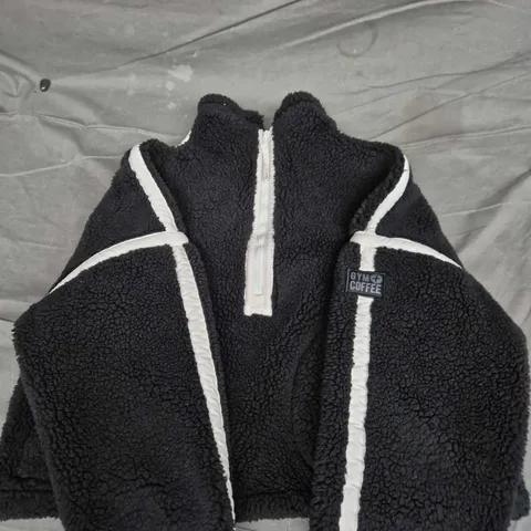 Gym+Coffee Fleece Jacket – Black with White Piping, Medium
