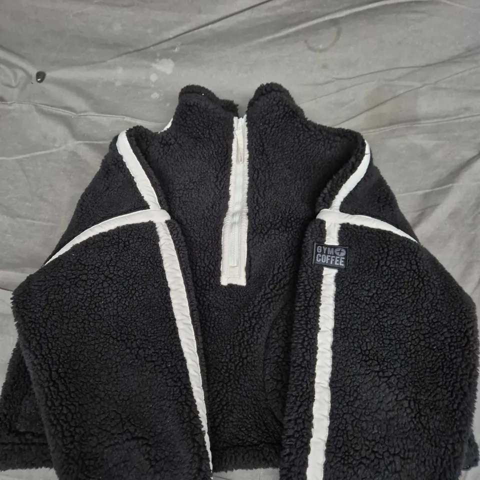 Gym+Coffee Fleece Jacket – Black with White Piping, Medium