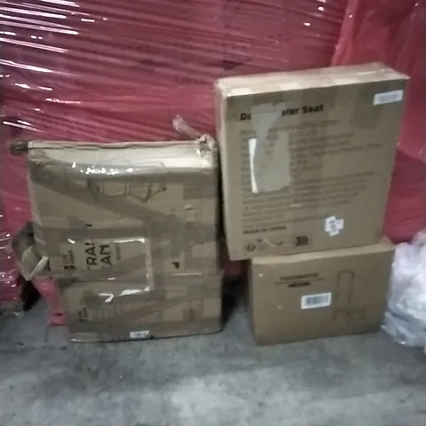 PALLET OF ASSORTED HOUSEHOLD GOODS AND PRODUCTS TO INCLUDE;STEP STOOL,BOOSTER SEAT,TRASH CAN