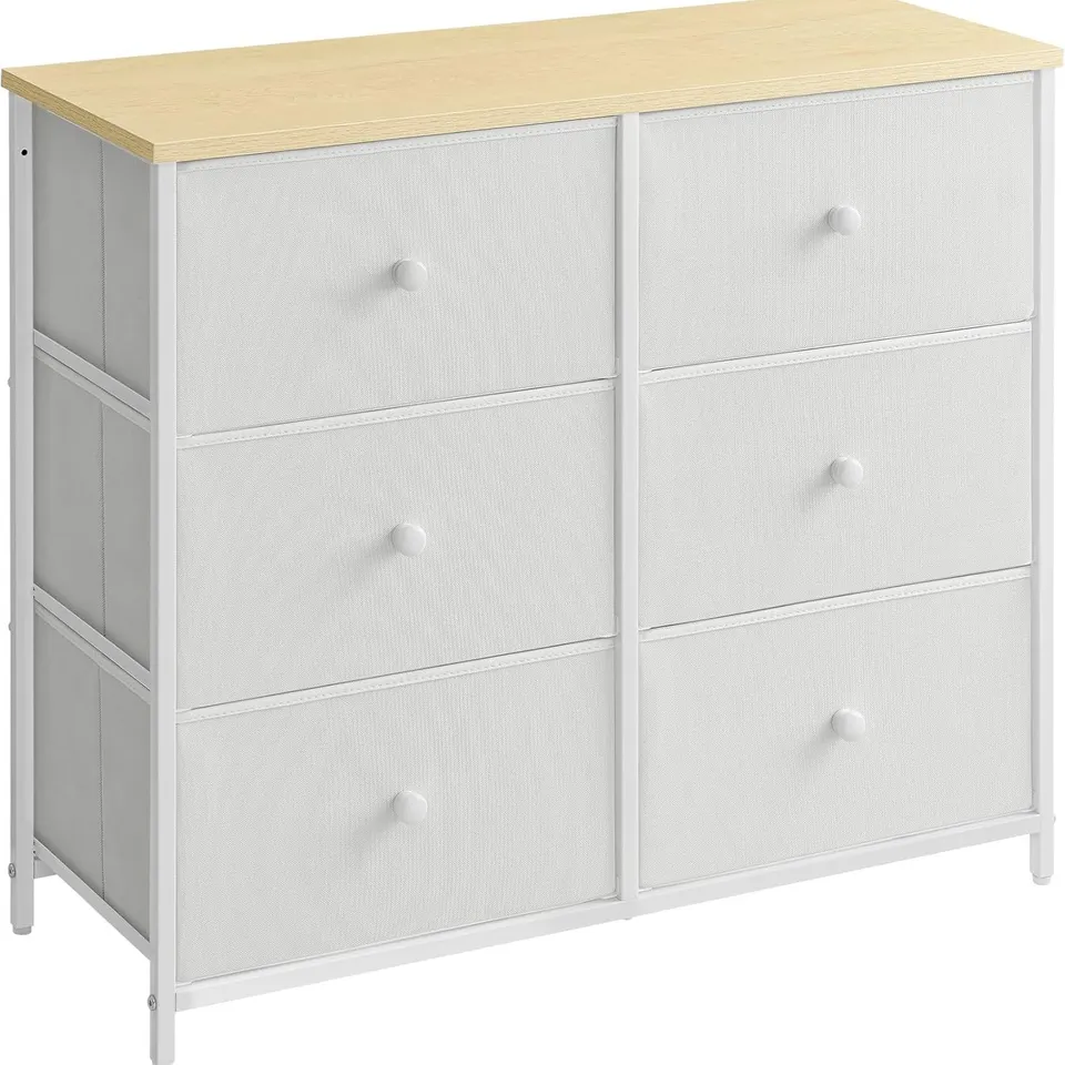 BOXED SONGMICS CHEST OF DRAWERS, 6 FABRIC DRAWERS WITH METAL FRAME - WHITE/OAK