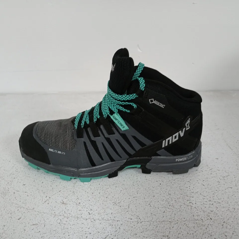 BOXED PAIR OF INOV WOMENS ROCLITE 320 GTX SHOES IN BLACK/GREY/TEAL - UK 4