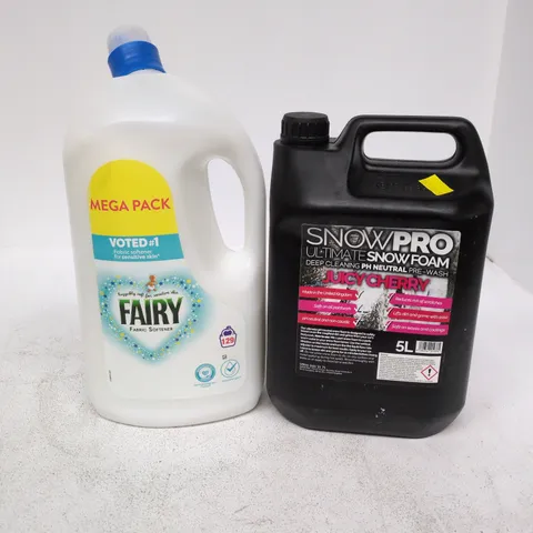 TOTE OF APPROXIMATELY 3 ASSORTED ITEMS TO INCLUDE FAIRY MEGA PACK, JUICY CHERRY SNOW PRO 5L ETC