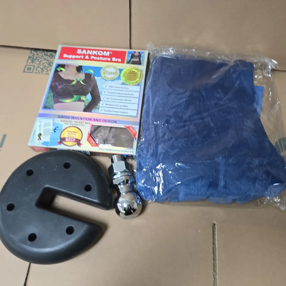 APPROXIMATELY 10 ASSORTED ITEMS TO INCLUDE SUPPORT BRA, DOORKNOB, PARASOL WEIGHT, ETC