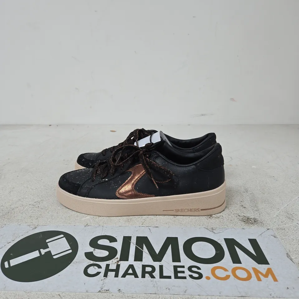 SKECHERS BLACK TRAINERS WITH ROSE-GOLD S LOGO UK SIZE 7