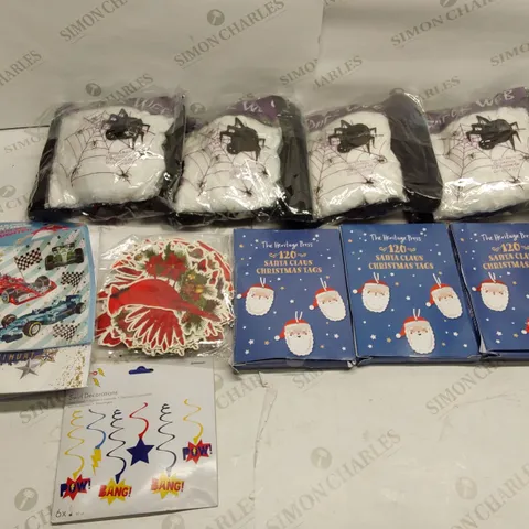 BOX OF ASSORTED BRAND NEW PARTY CARDS AND DECORATIONS TO INCLUDE;