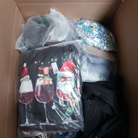 LARGE BOX OF APPROXIMATELY 20 ASSORTED CLOTHING ITEMS IN VARIOUS SIZES, STYLES AND COLOUR