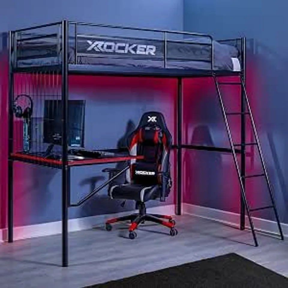 BOXED X-ROCKER ICARUS XL 3FT SINGLE, HIGH SLEEPER BUNK BED - SPACE-SAVING DESIGN, GAMING DESK & PC STORAGE SHELF, FIXED LADDER, STURDY METAL FRAME FOR KIDS & TEENS ( 2 BOXES )
