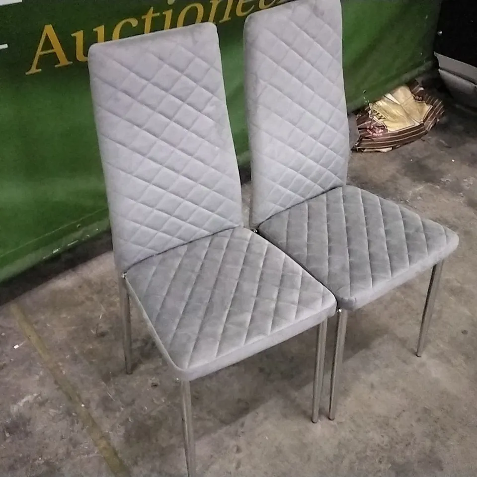 SET OF 2 GREY VELVET PILLOWED DINING CHAIRS WITH CHROME LEGS