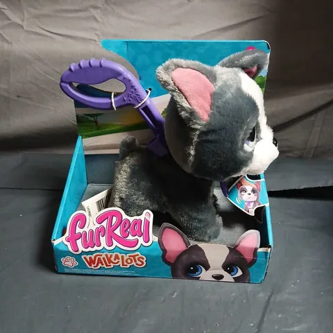 FURREAL WALKALOTS PLUSH DOG – GREY & WHITE WITH PURPLE HARNESS (BOXED)