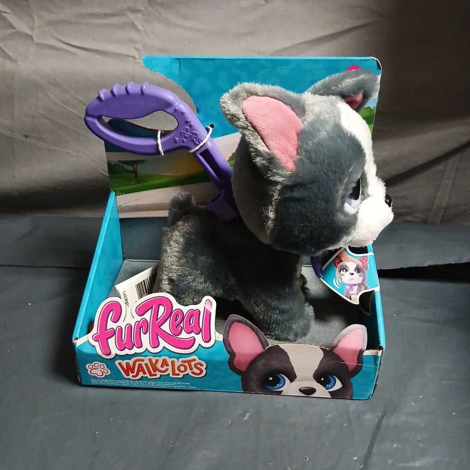 FURREAL WALKALOTS PLUSH DOG – GREY & WHITE WITH PURPLE HARNESS (BOXED)